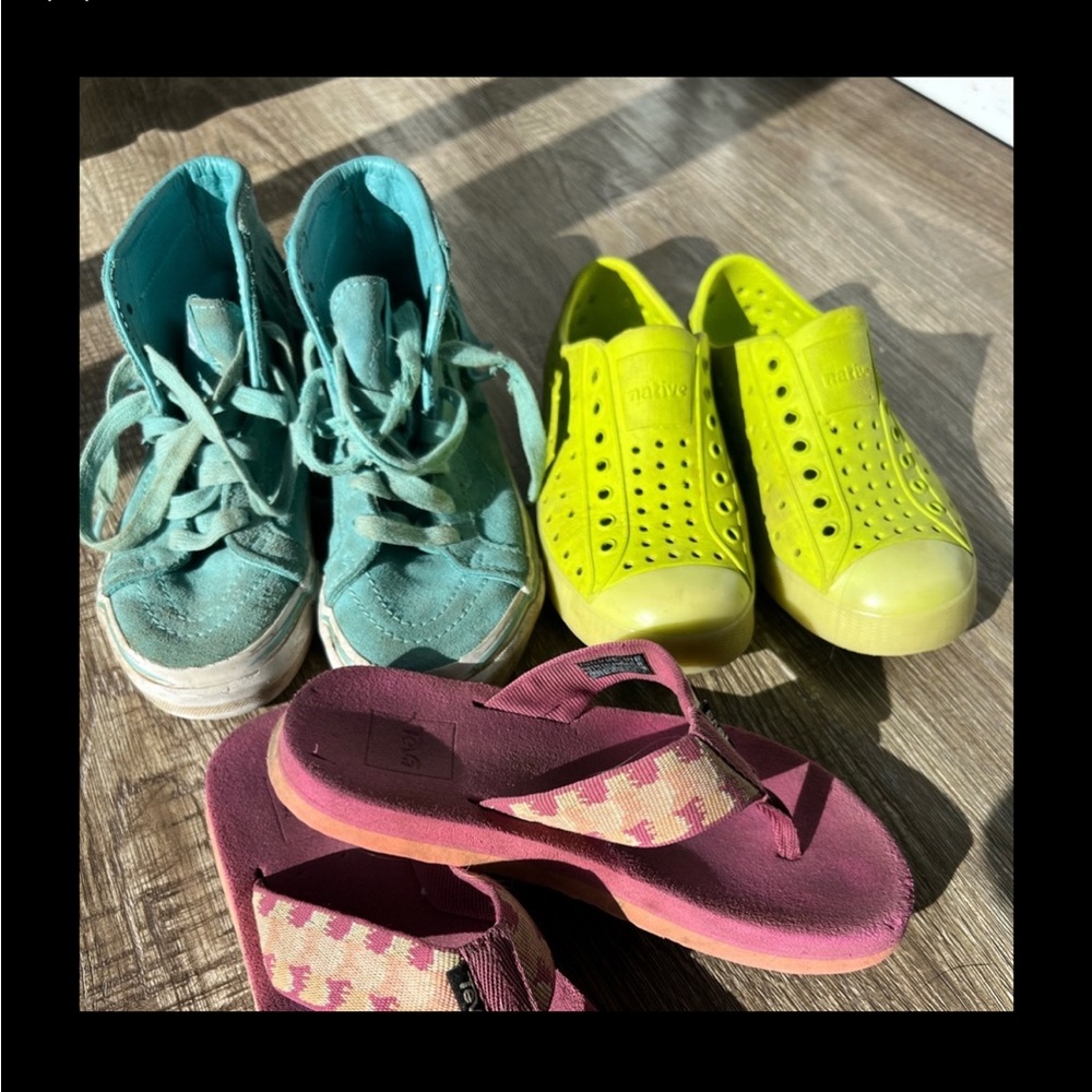 Kid shoe lot. Natives, vans, and flip flops